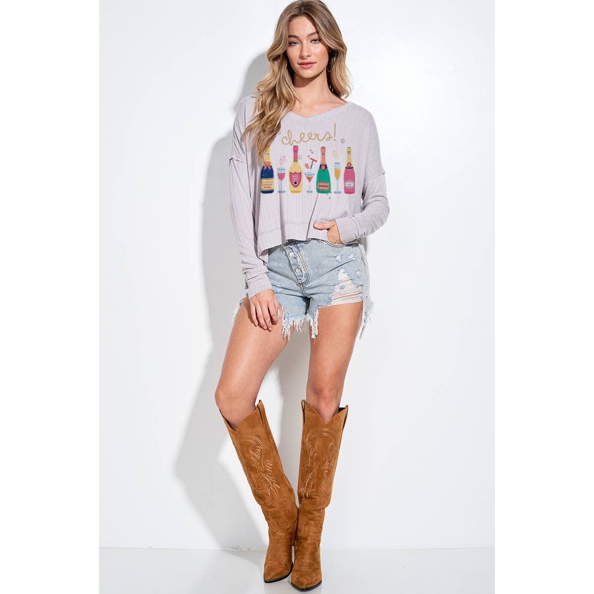 Holiday champagne bottle v neck long sleeve top: Butter / M