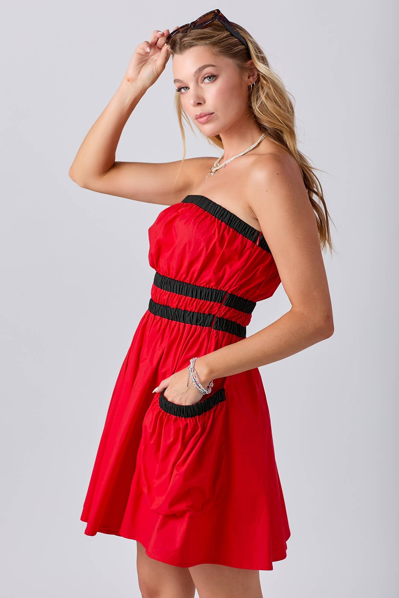 Gameday Contrast Gathered Over Sized Pocket Tube Dress : RED/BLK / L