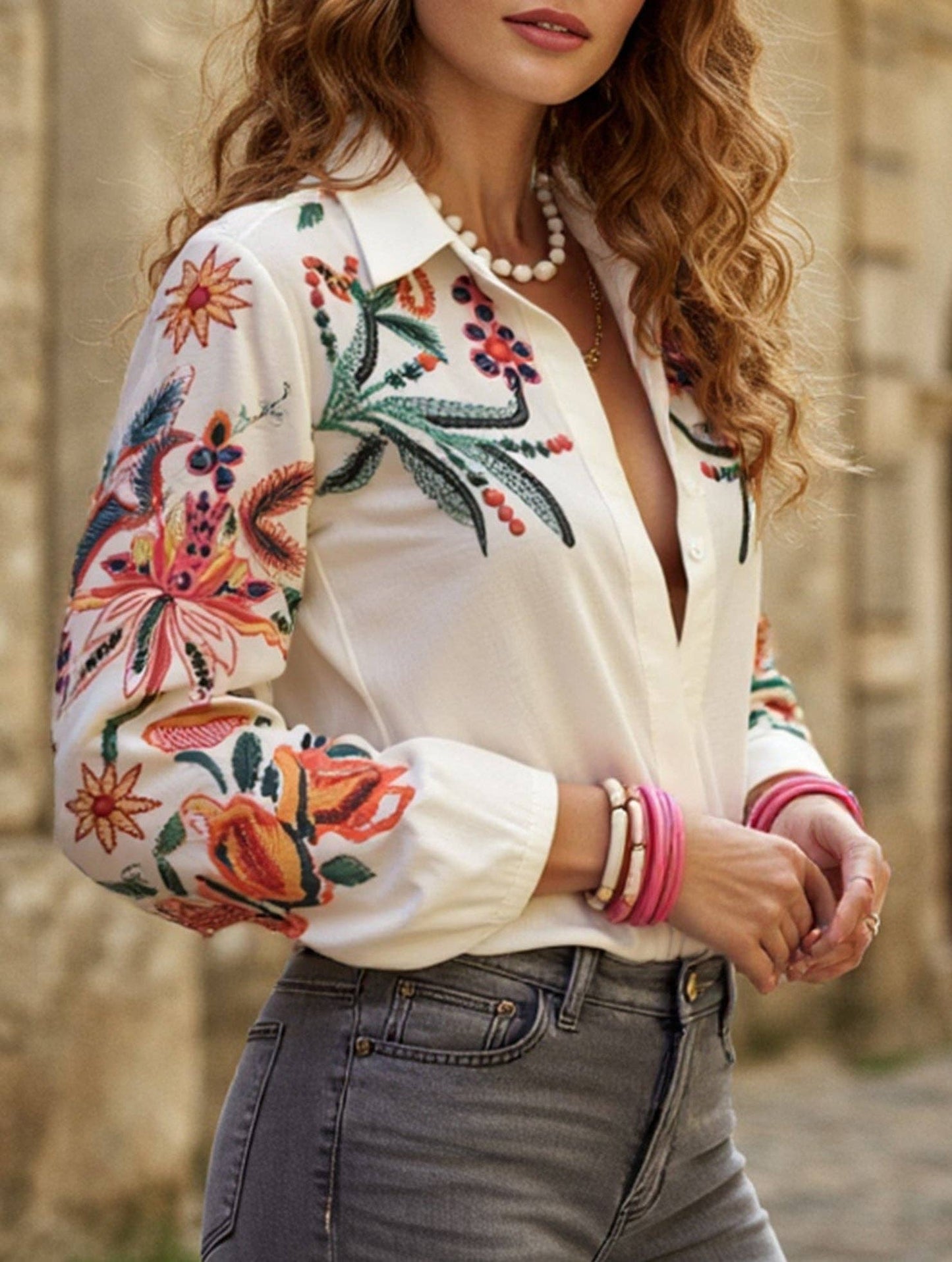 Loose long-sleeved digital printed shirt: Multicolor / (M) 1