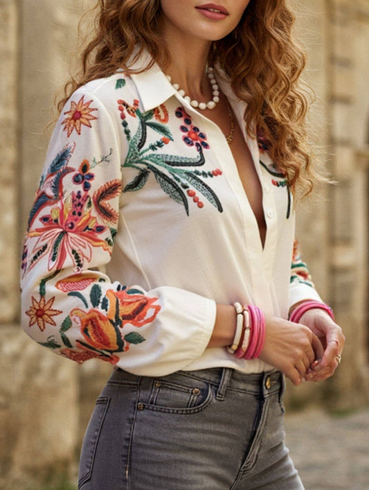 Loose long-sleeved digital printed shirt: Multicolor / (L) 1