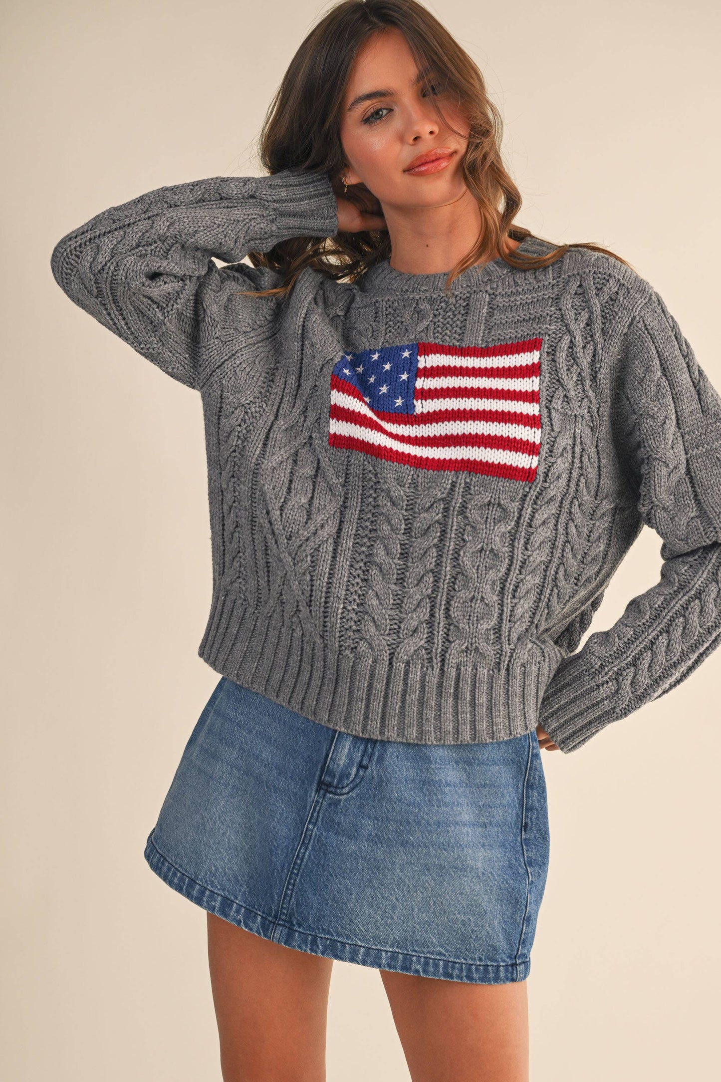 IT4473 USA FLAG CABLE KNIT SWEATER: CREAM / M