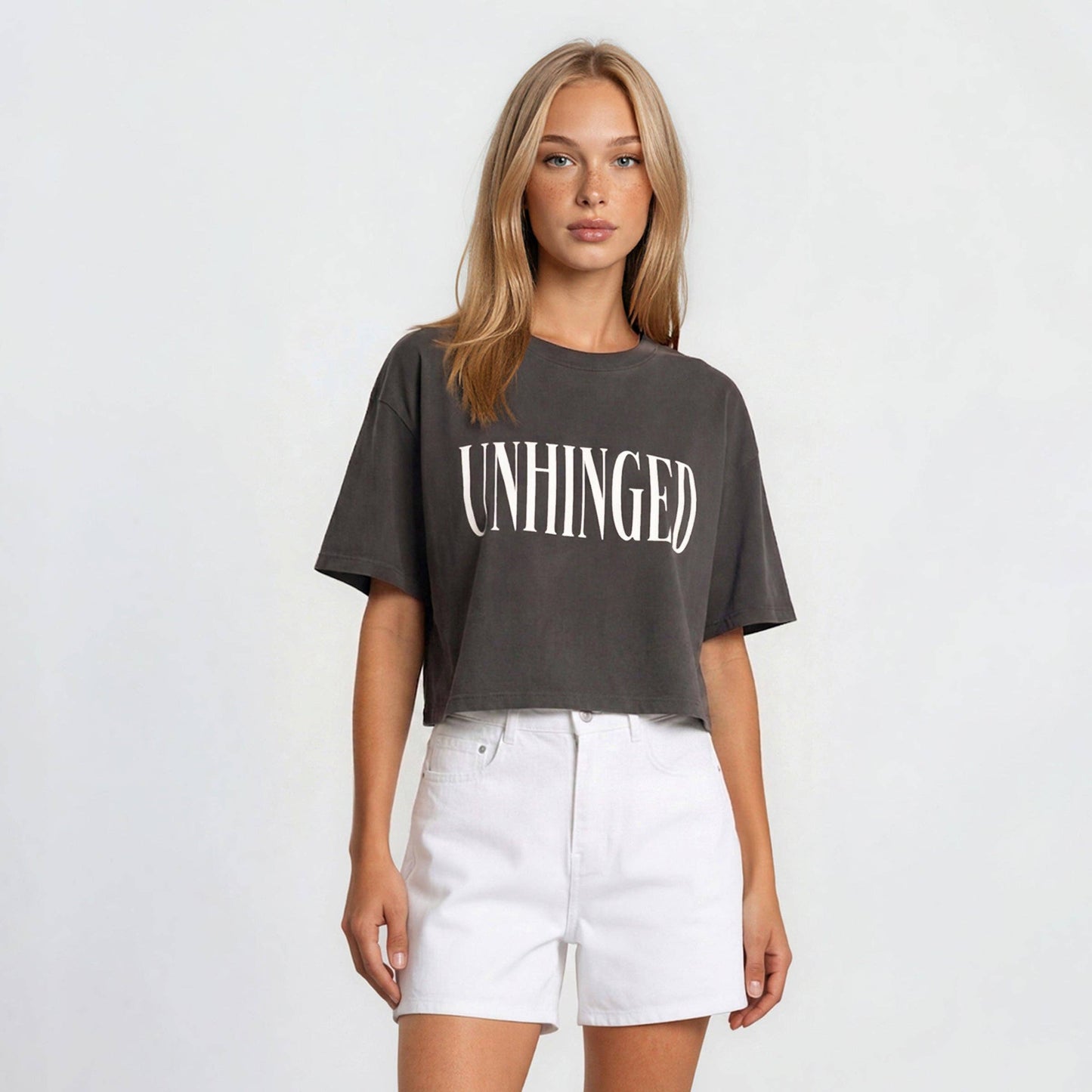 Unhinged Garment Dye Crop Tee: Pepper / M