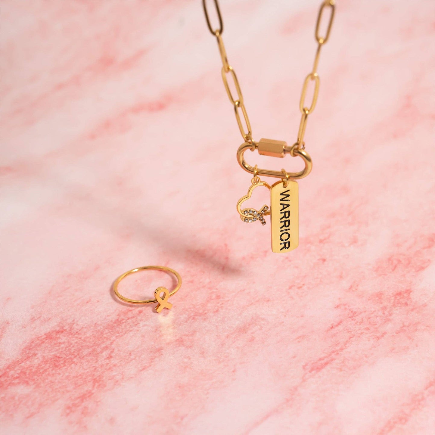 18K Gold PVD Stainless Steel Heart Ribbon with Stones Charm: Gold