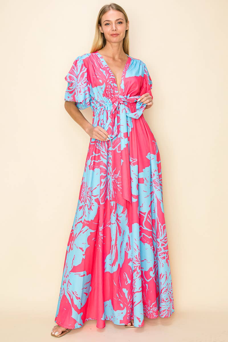 PRINTED V NECK MAXI DRESS WITH POCKETS