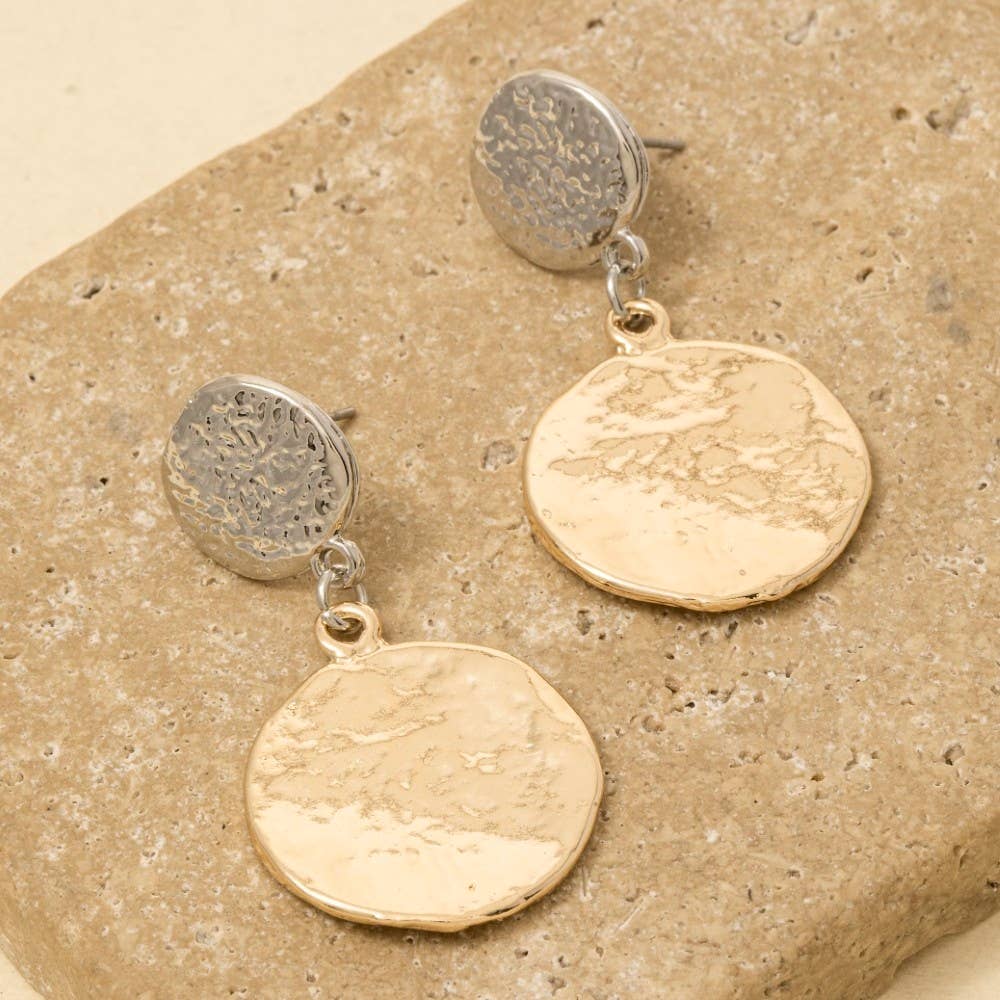 Textured Double Coins Dangle Earrings: GDRH