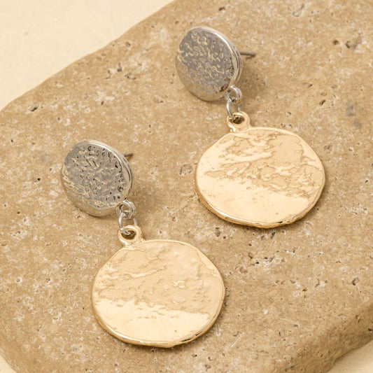 Textured Double Coins Dangle Earrings: GDRH