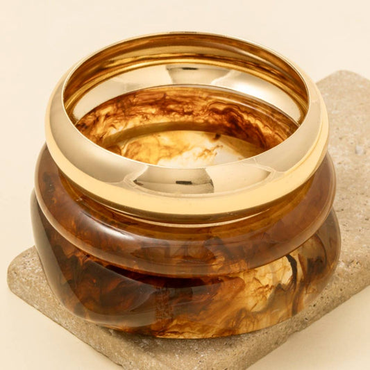 3 Piece Metallic And Marble Resin Bangle Bracelet Set: BR