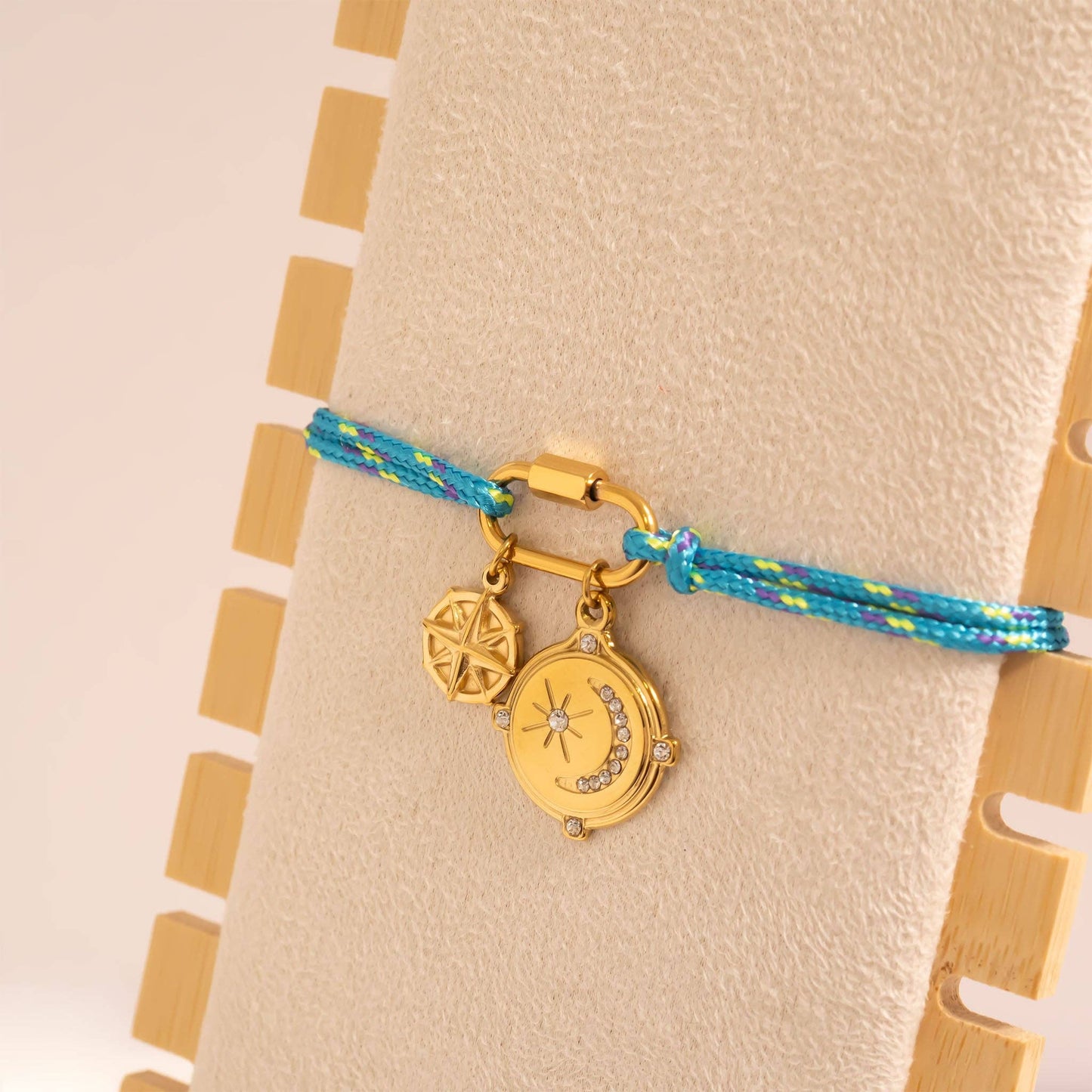 18K Gold PVD Stainless Steel Teal Rope Carabiner Bracelet: Gold