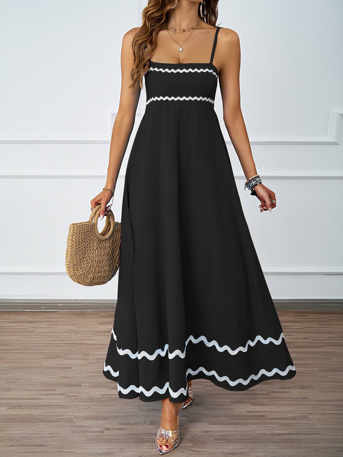 Summer Lace Patchwork Strap Bandeau Swing Maxi Dress: Blue / XL