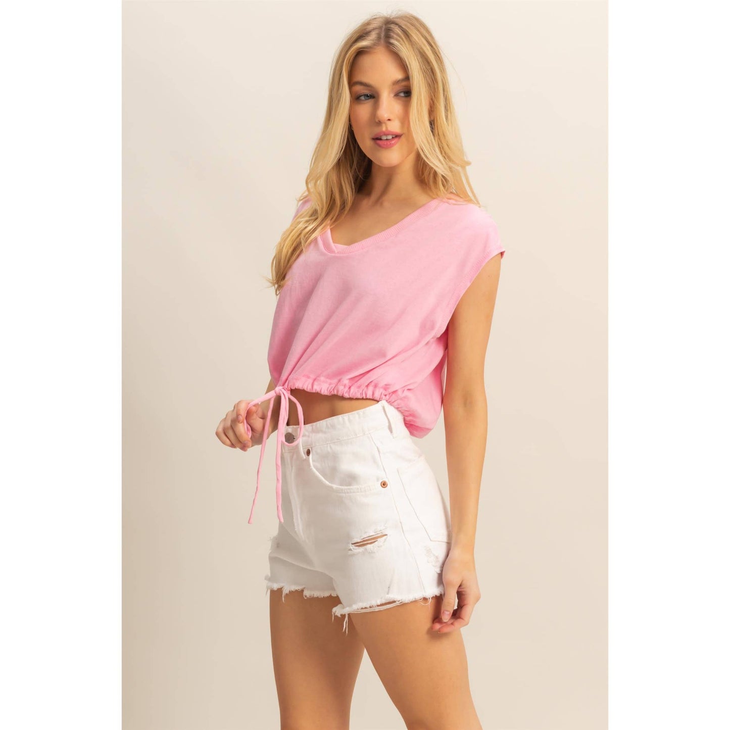 HF25C879-Cap Sleeve Drawstring Waist Knit Top: PINK / S-M-L(2-2-2)