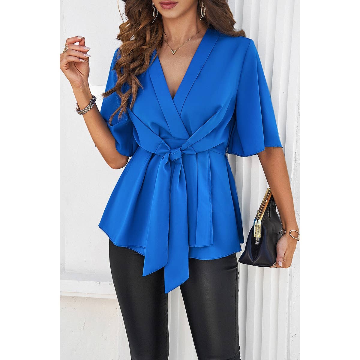 Wide Sleeve Deep V Knot Cross Ruffle Fit Blouse: BLUE / S