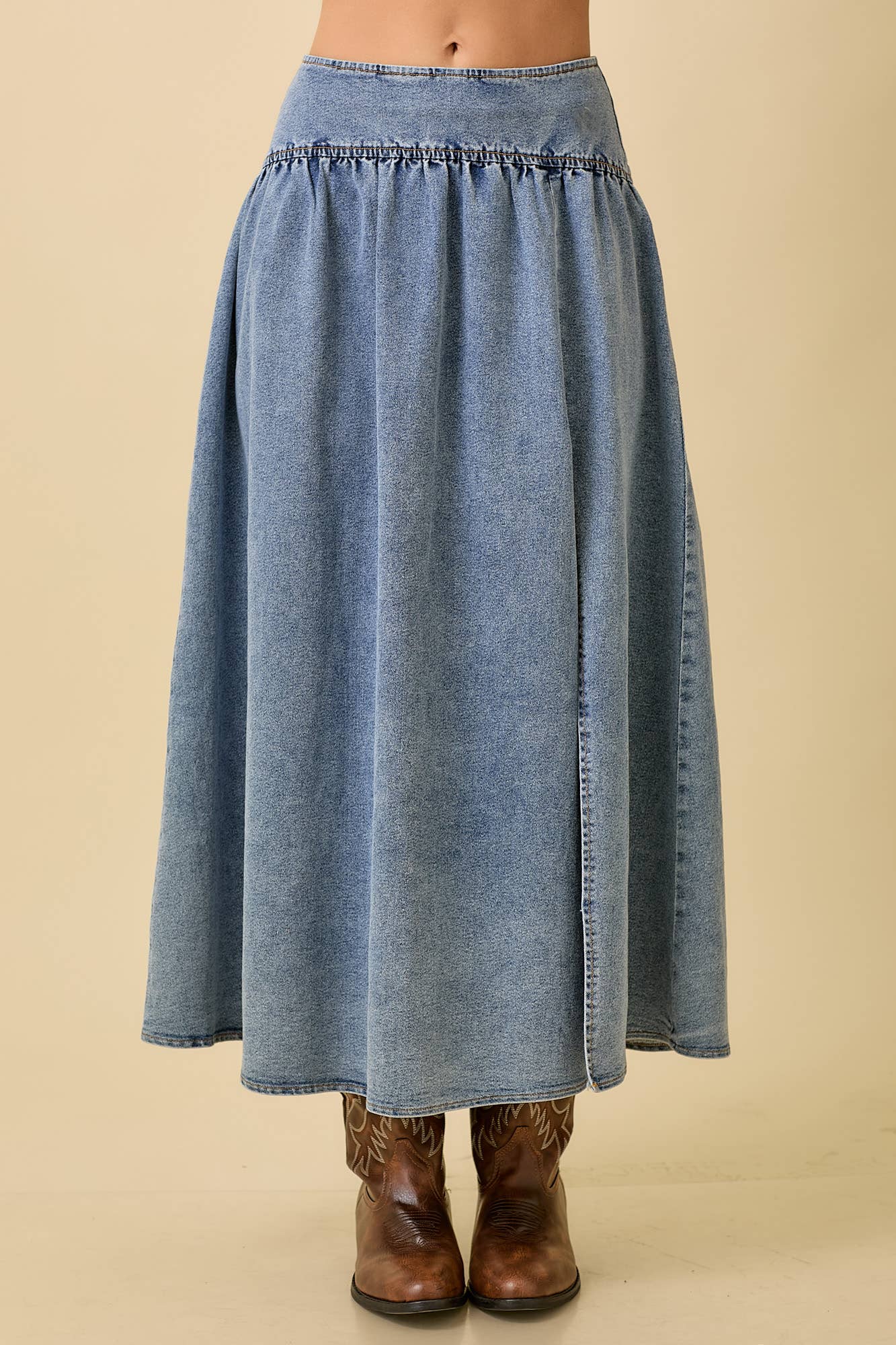 Midi Denim Skirt With Center Thigh Slit: DENIM / S