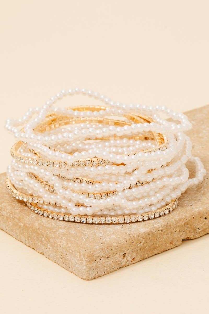 Rhinestone And Pearl Beaded Bracelet Set: G