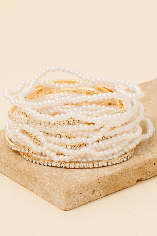 Rhinestone And Pearl Beaded Bracelet Set: G