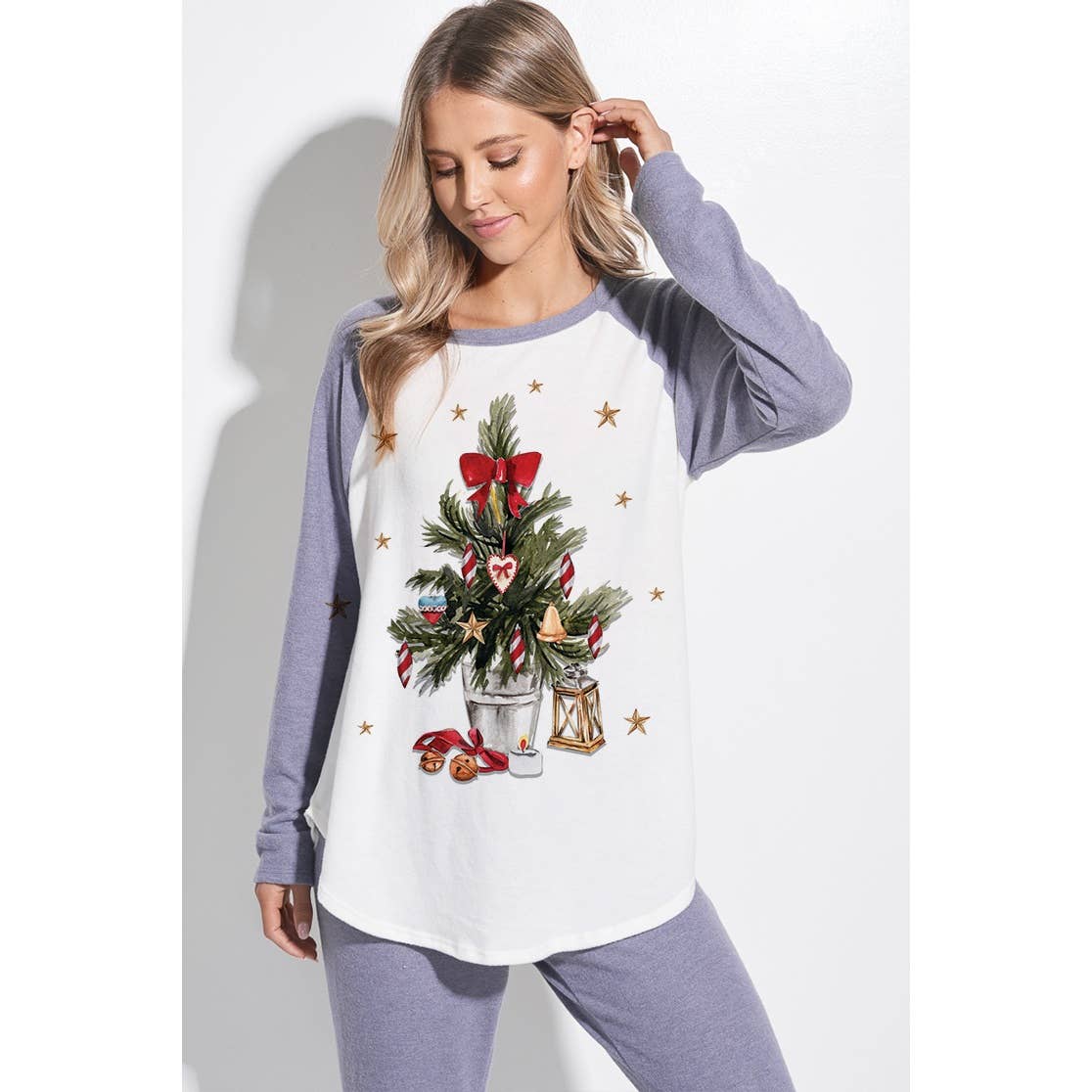 Christmas tree print raglan lounge wear set : RUST / S