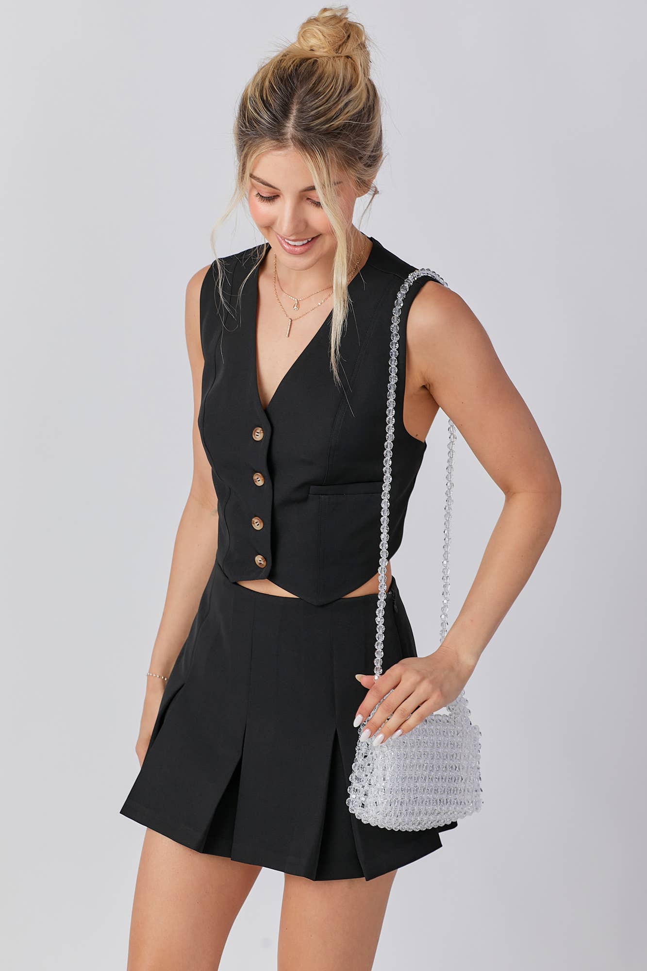 Gameday Front Button Closure Vest pleats Skort Set : RED / M