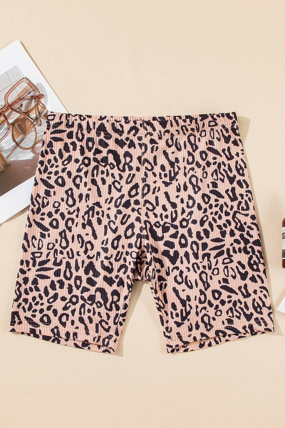Leopard Ribbed Knit Biker Shorts: Khaki / S