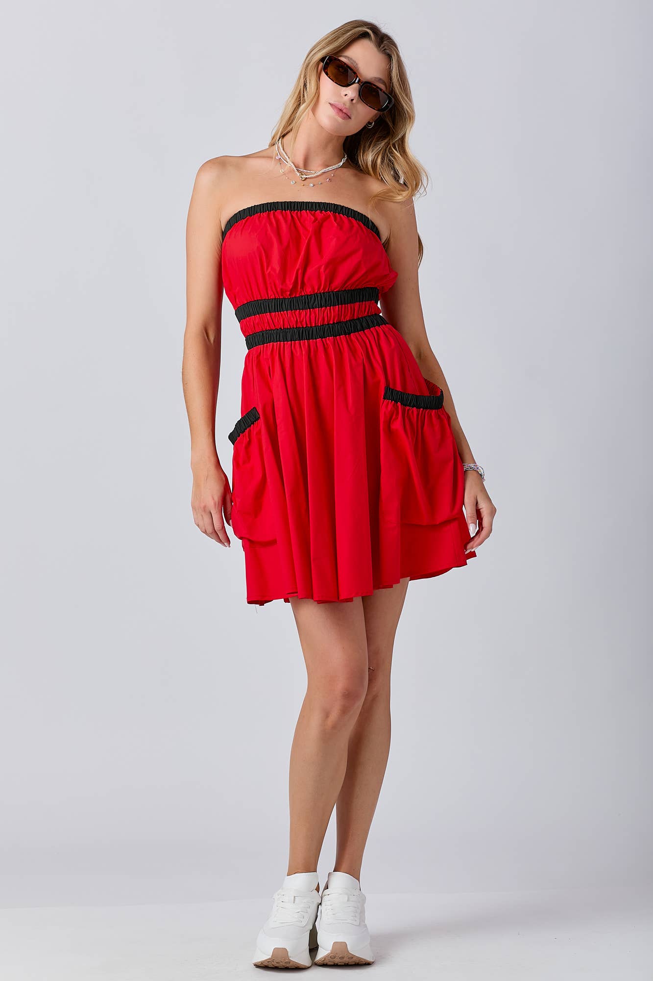 Gameday Contrast Gathered Over Sized Pocket Tube Dress : RED/BLK / L