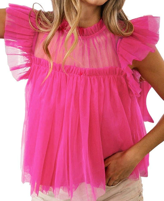 Pink Tulle Ruffle Sleeve Flared Babydoll Blouse: Pink / XL