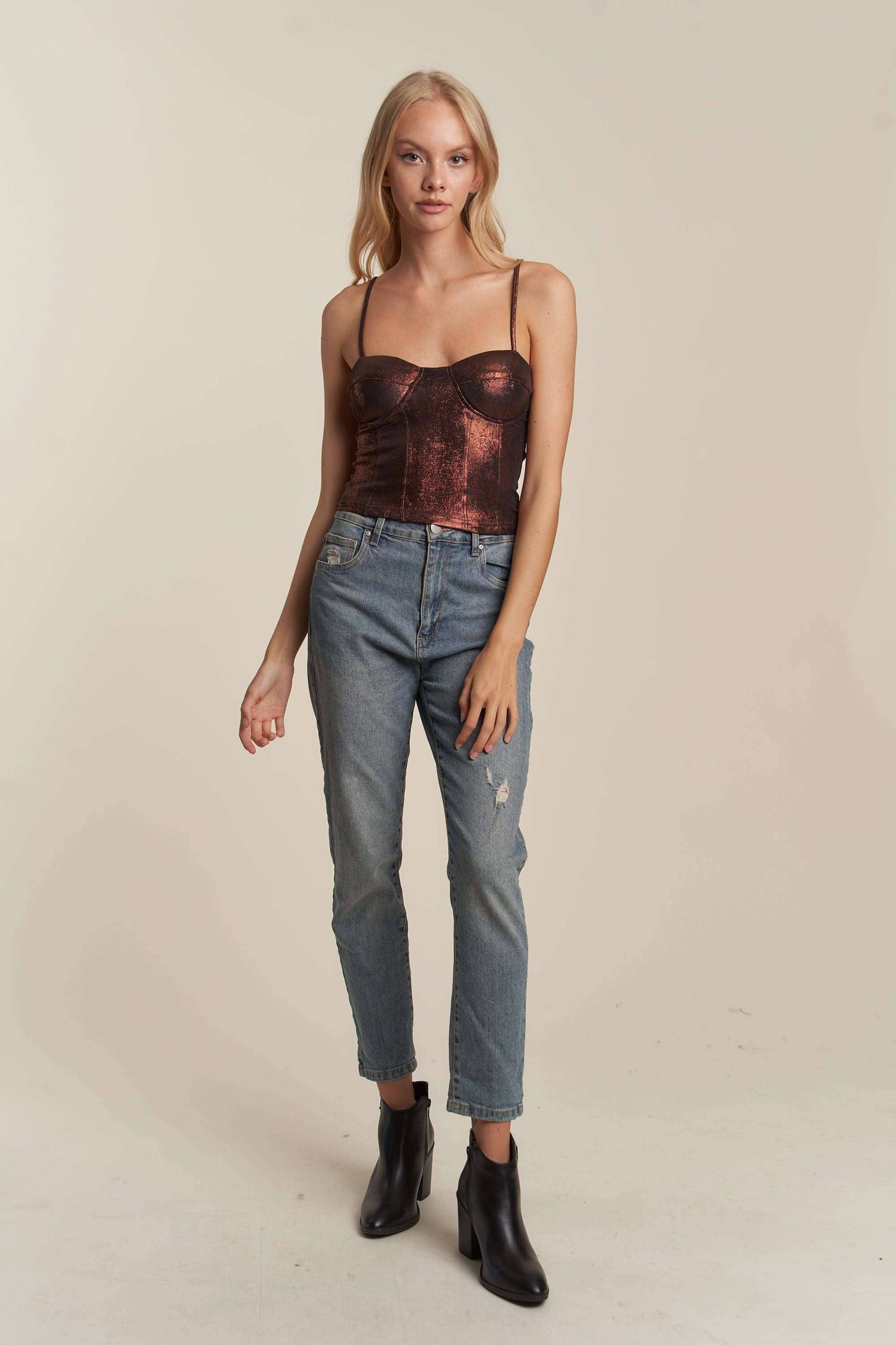FOILED CAMI CORSET TOP WITH SPAGHETTI STRAP: COPPER / S