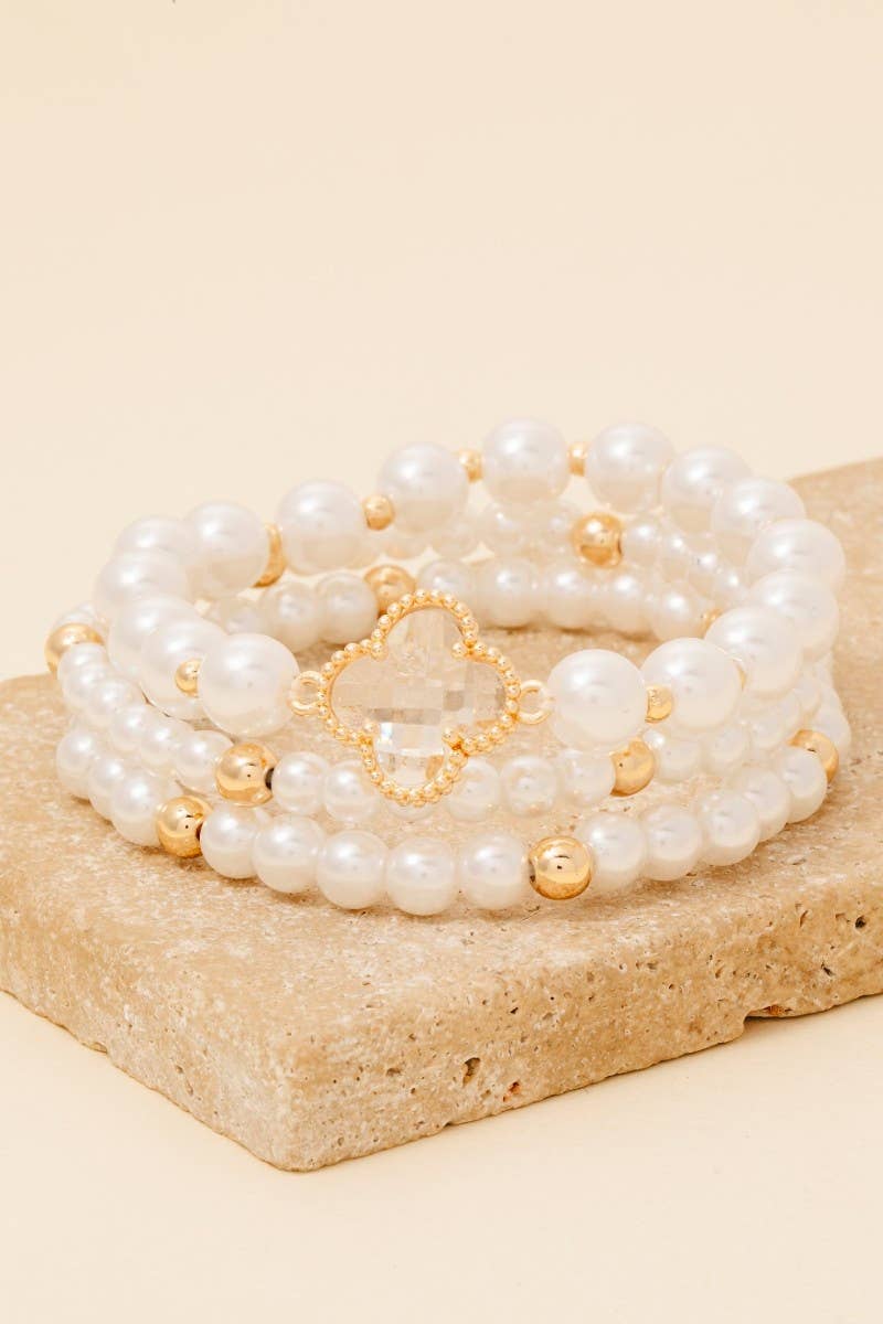 Faceted Clover Charm Pearl Beaded Bracelet Set: GDCRM