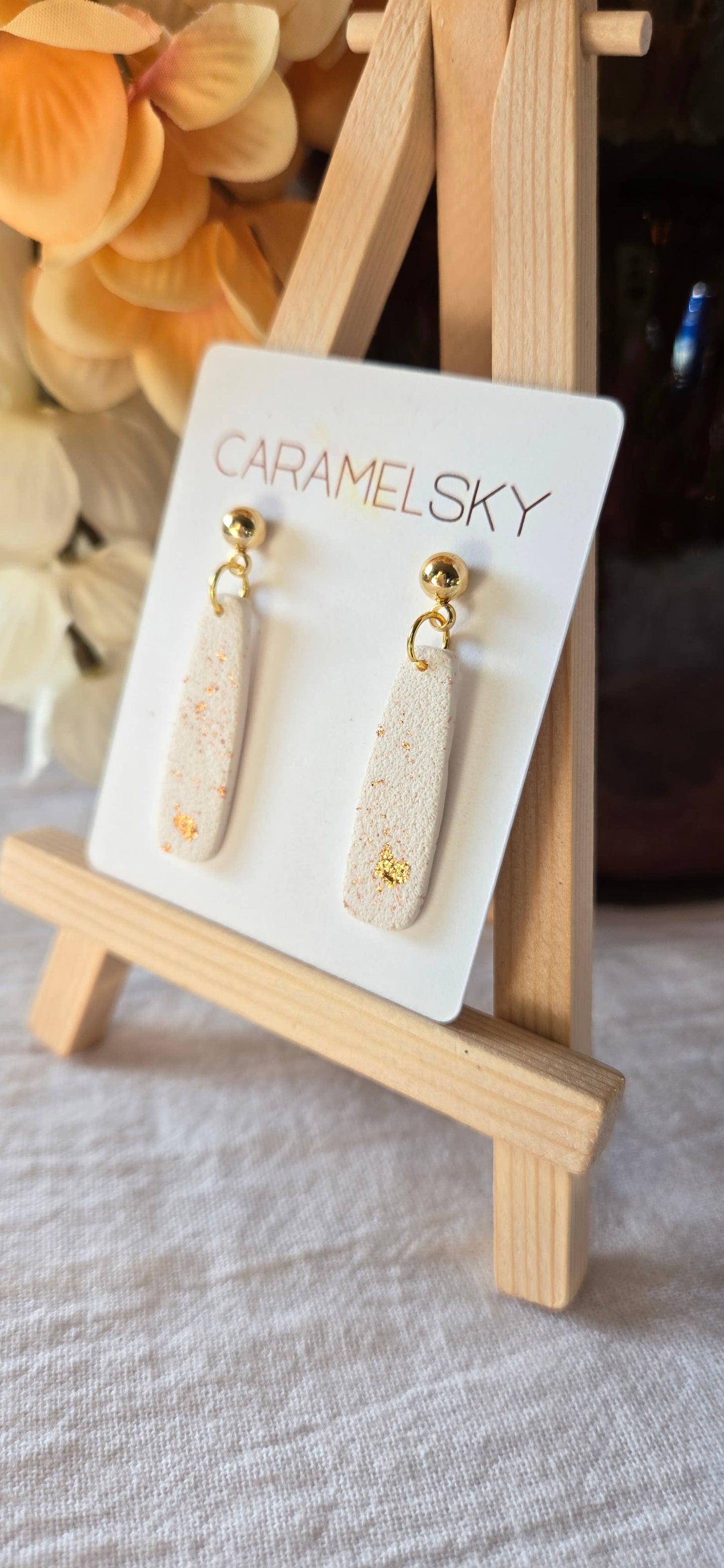 White Clay Dangle Earrings with Gold Leaf
