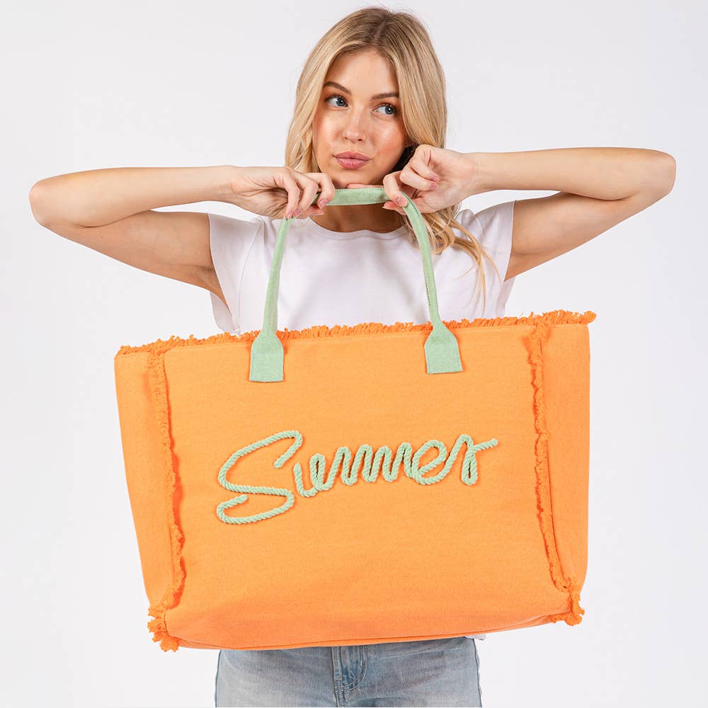 SUMMER Message Embroidered Fringe Canvas Tote Beach Bag: Yellow Gold