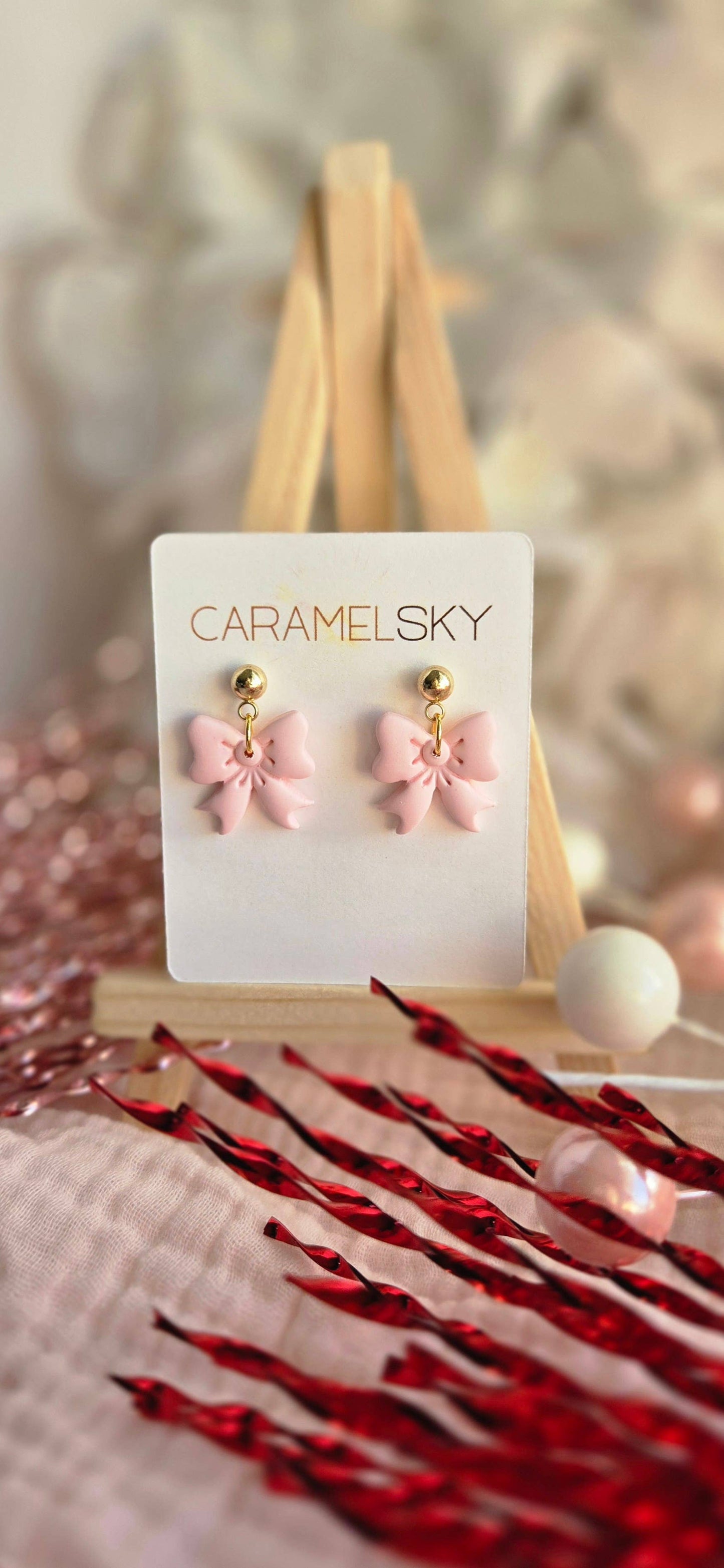 Bow Earrings, Valentine's Day Bow Earrings, Clay Earrings: Pink