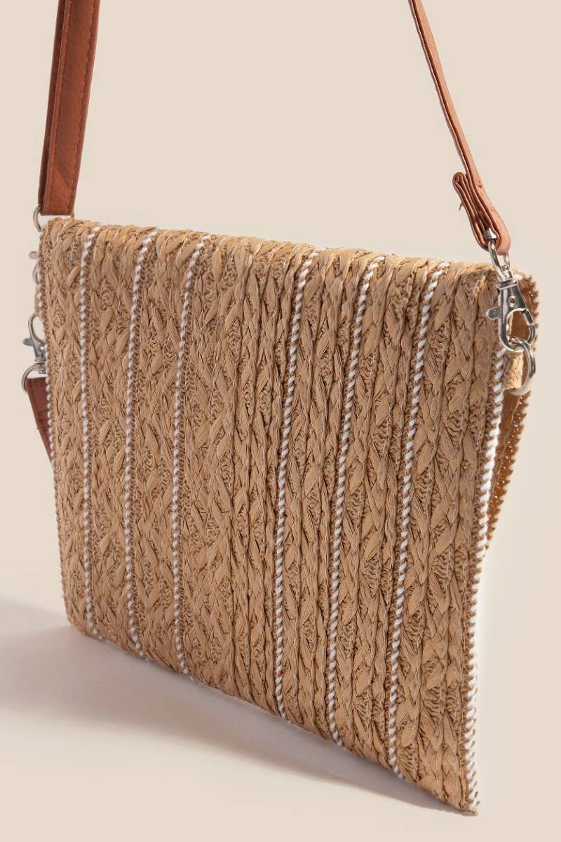 Stitched Straw Envelope Crossbody Bag: OV