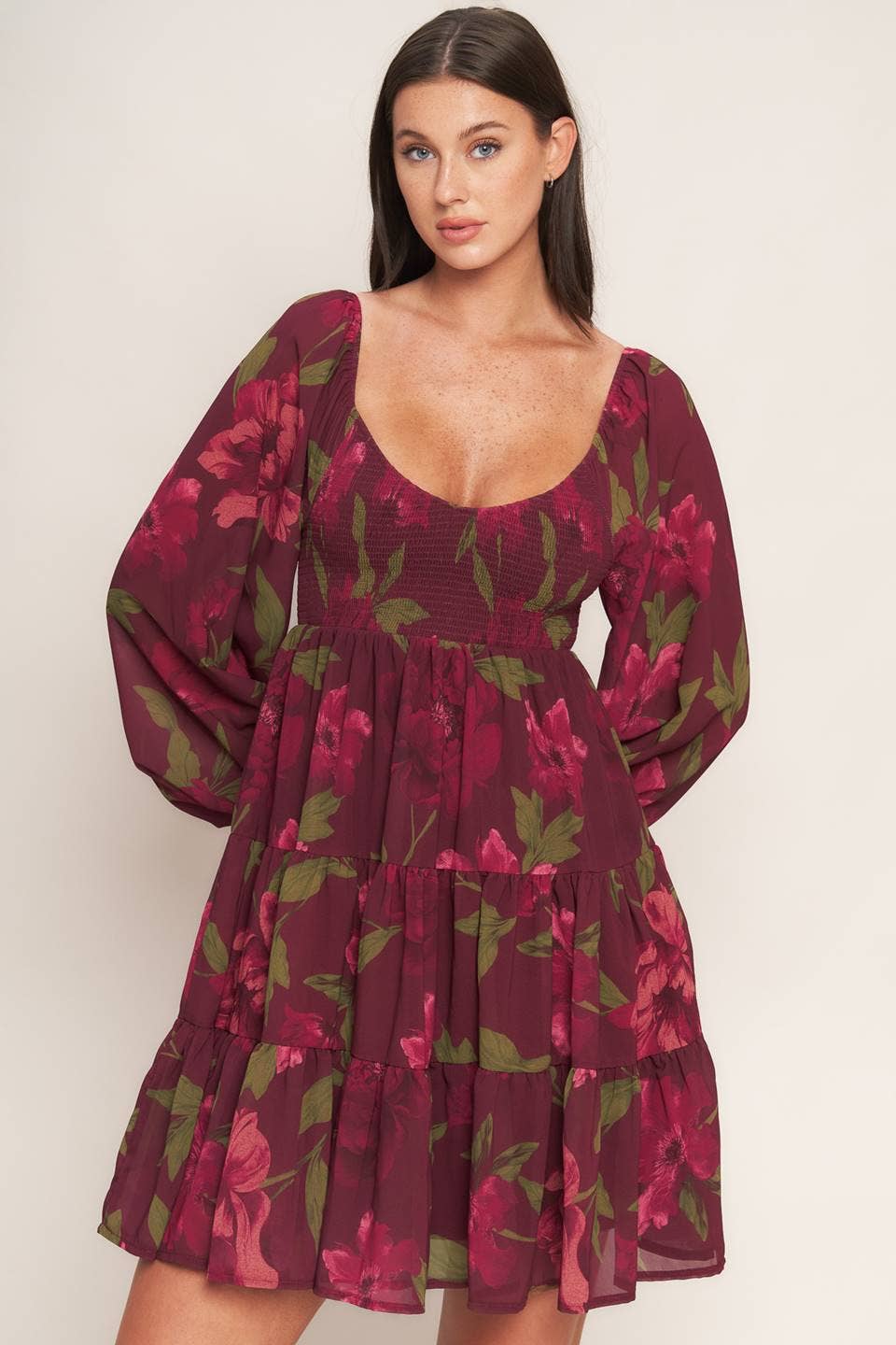 A printed woven mini dress - ID23196: Burgundy / Contemporary / L