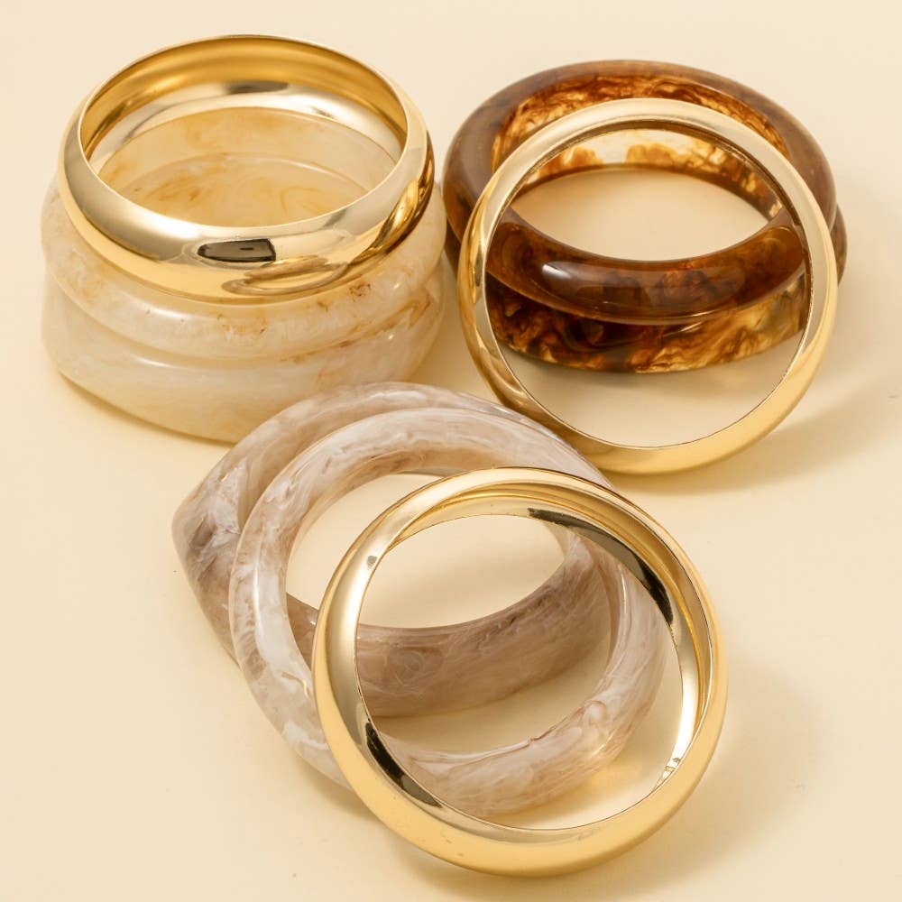 3 Piece Metallic And Marble Resin Bangle Bracelet Set: KA