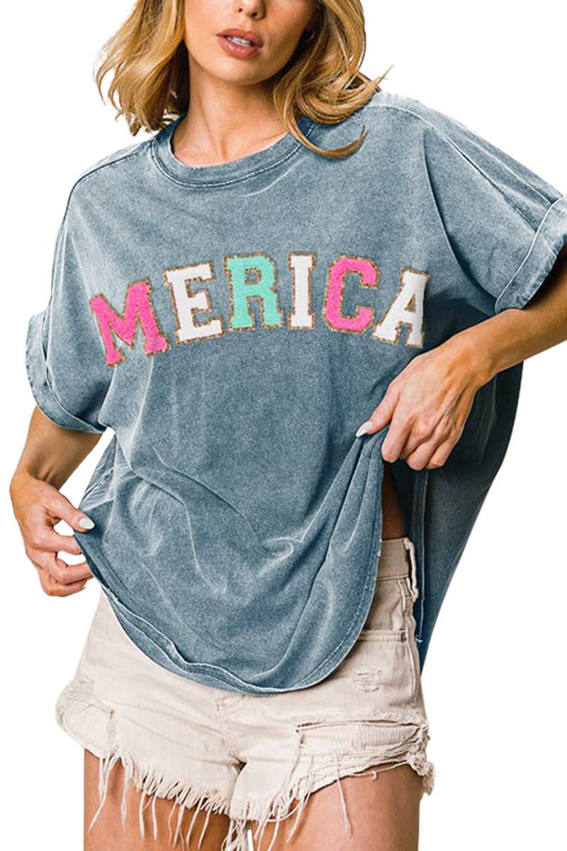 Letter Loose Fit High And Low Mineral Washed Top: VINTAGE DENIM / 2-2-2-2 (S-M-L-XL)