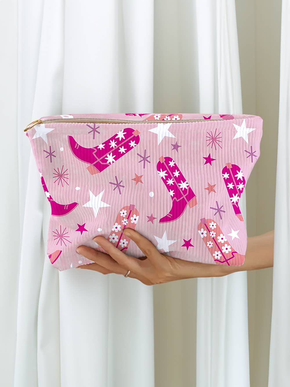 Western Cowboy Boots Star Print Large Makeup Bag: Pink