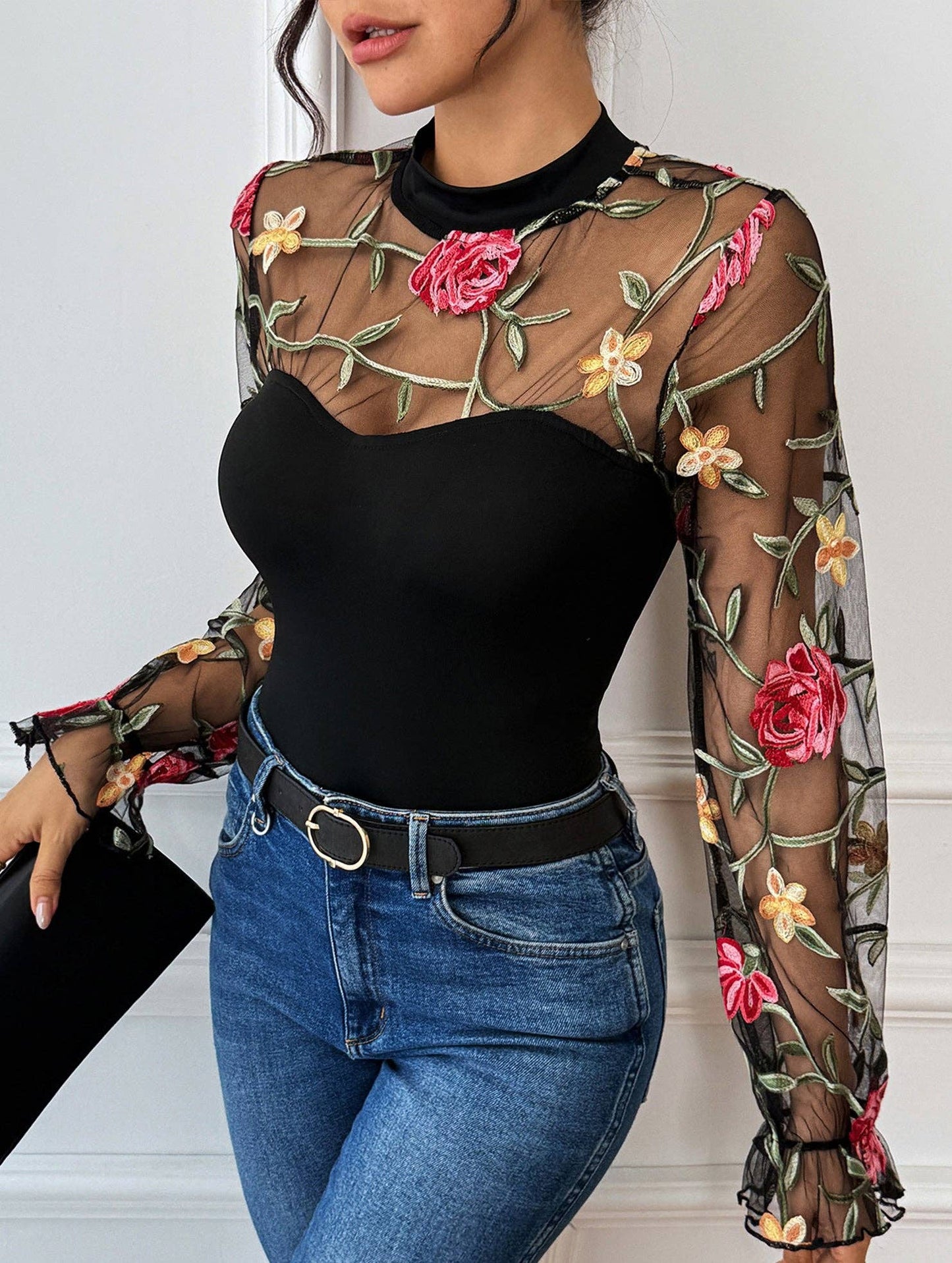 Lace-trimmed see-through high-neck bodysuit: Black / (L) 1