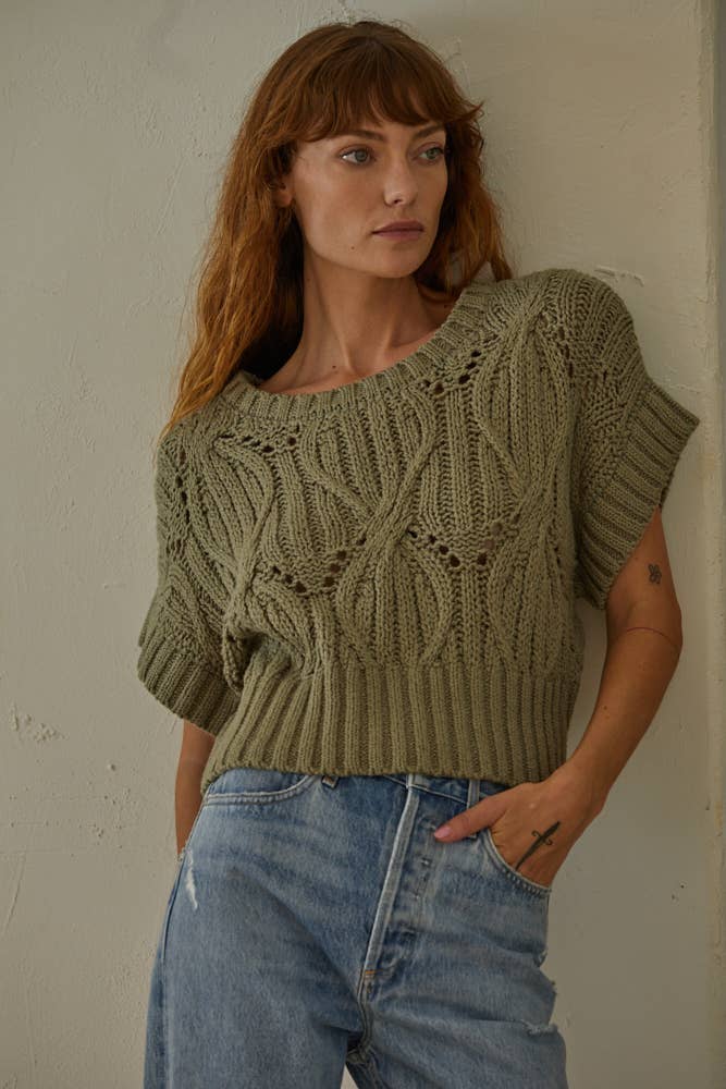 W1124 | Knit Sweater Crochet Round Neck Short Sleeve Top: Olive / Small
