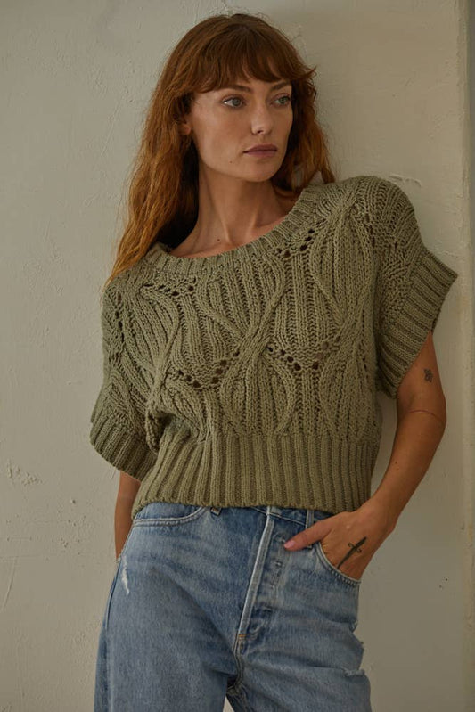W1124 | Knit Sweater Crochet Round Neck Short Sleeve Top: Olive / Small