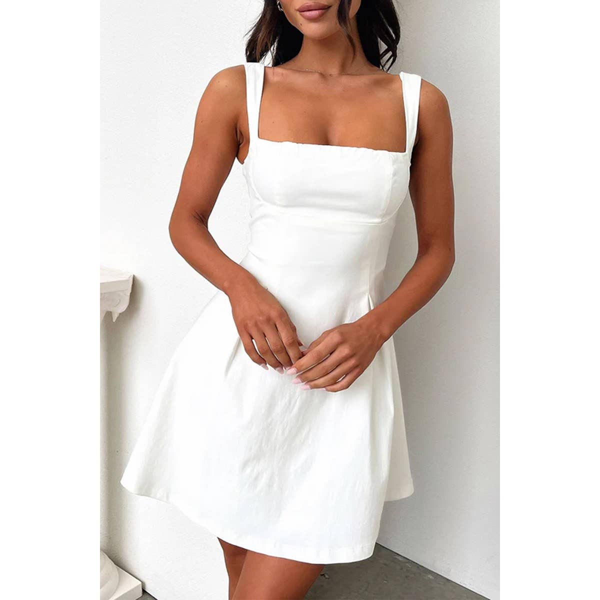 Solid Square Neck Fit Sleeveless Short Dress: WHITE / L