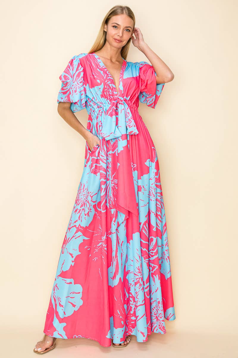 PRINTED V NECK MAXI DRESS WITH POCKETS