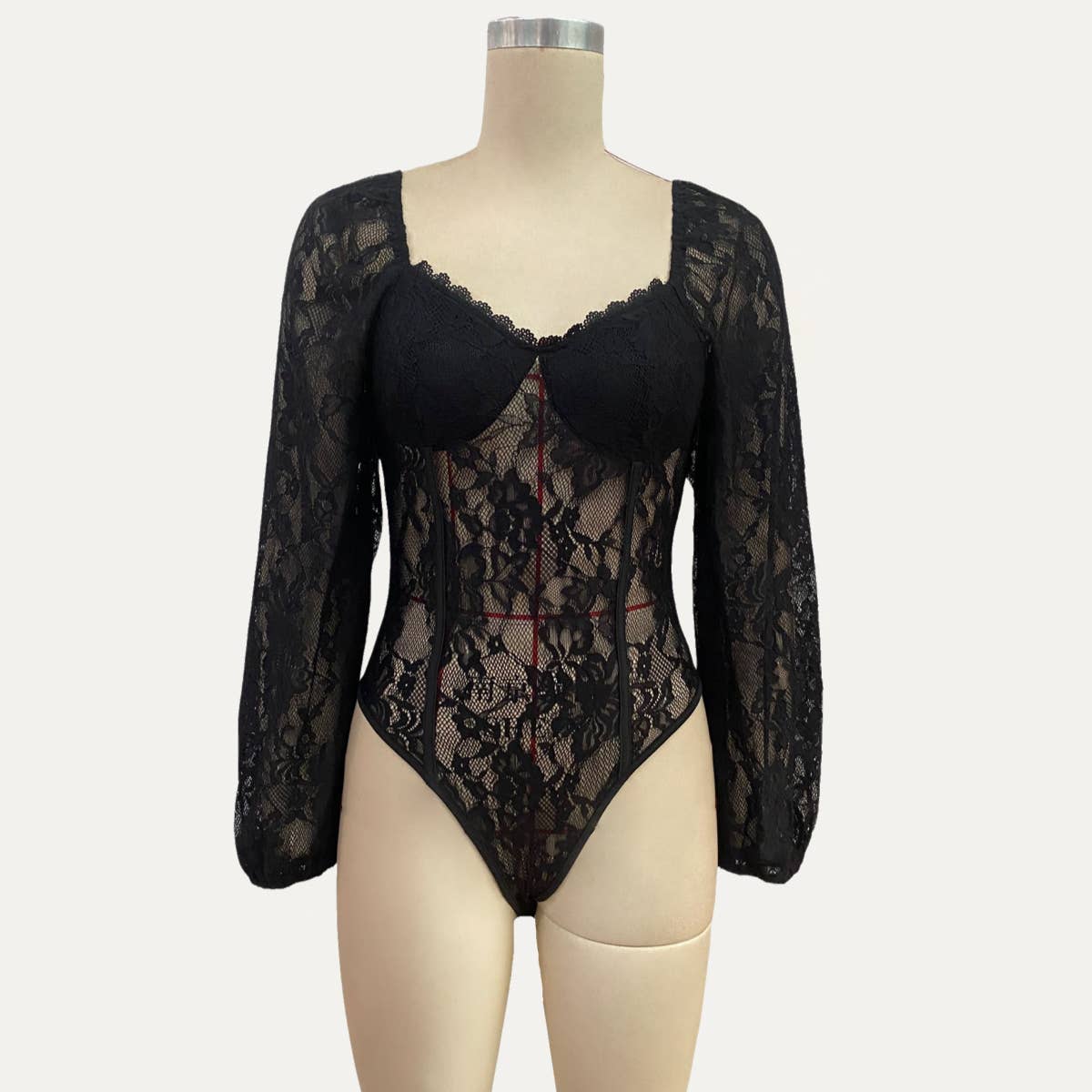 Flirty and Elegant Sheer Lace Long Sleeve Bodysuit: Black