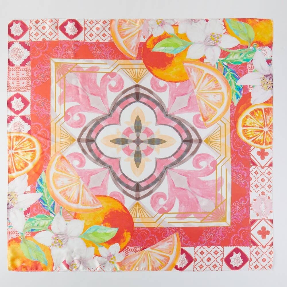Flower And Lemons Print Square Bandana Scarf: BK
