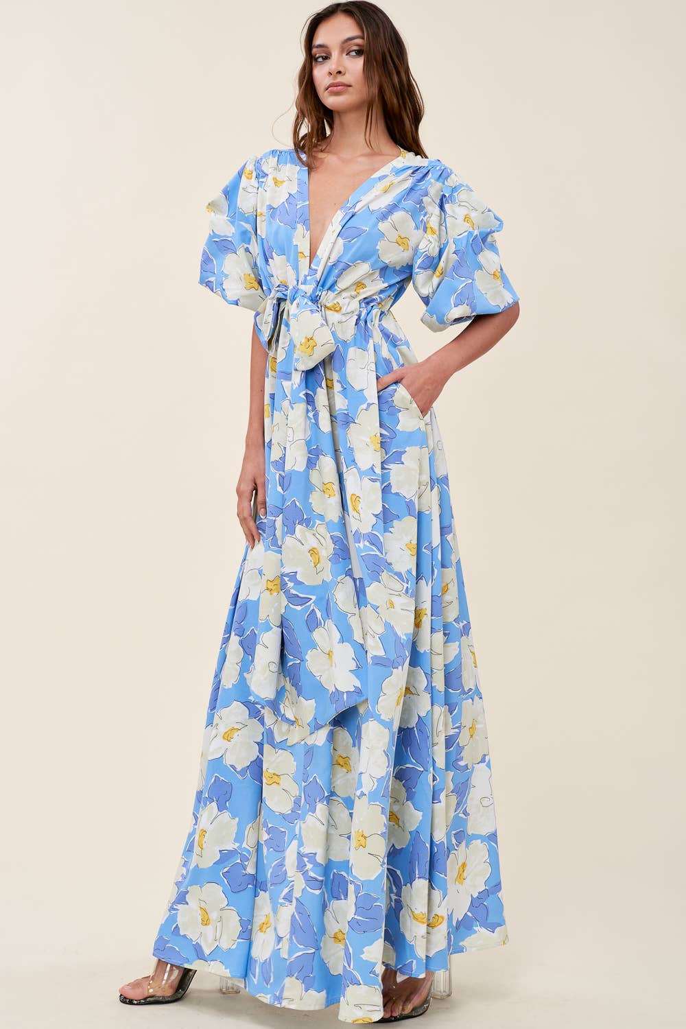 Printed V Neck Maxi Dress - Short Sleeve: PURPLE/LAVENDER