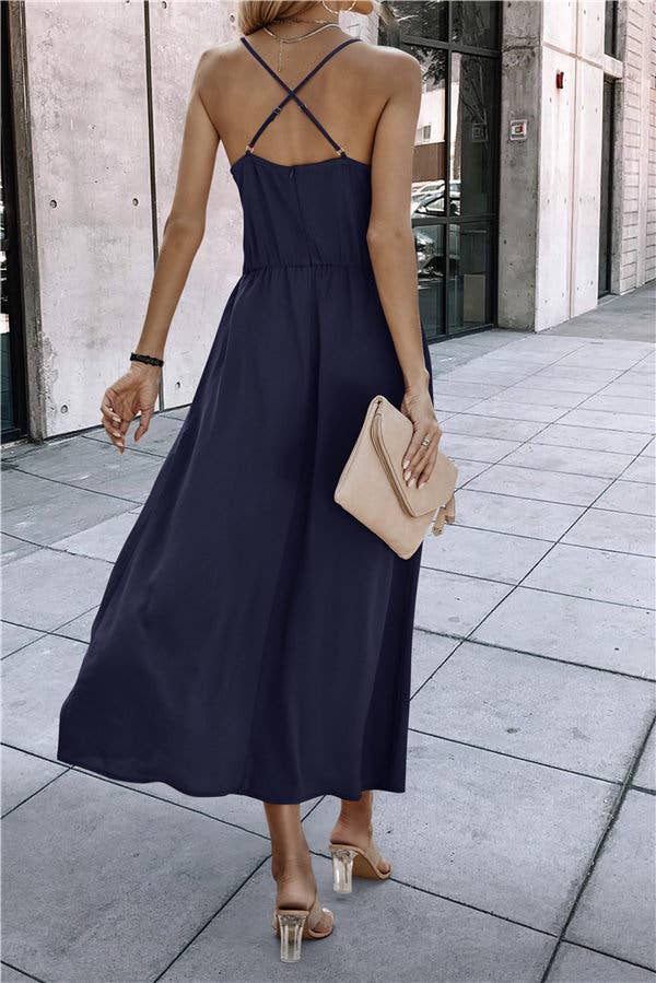 SZ1-DR0035 Ruched Cut Out Tank Dress with Front Slit: Green / XL