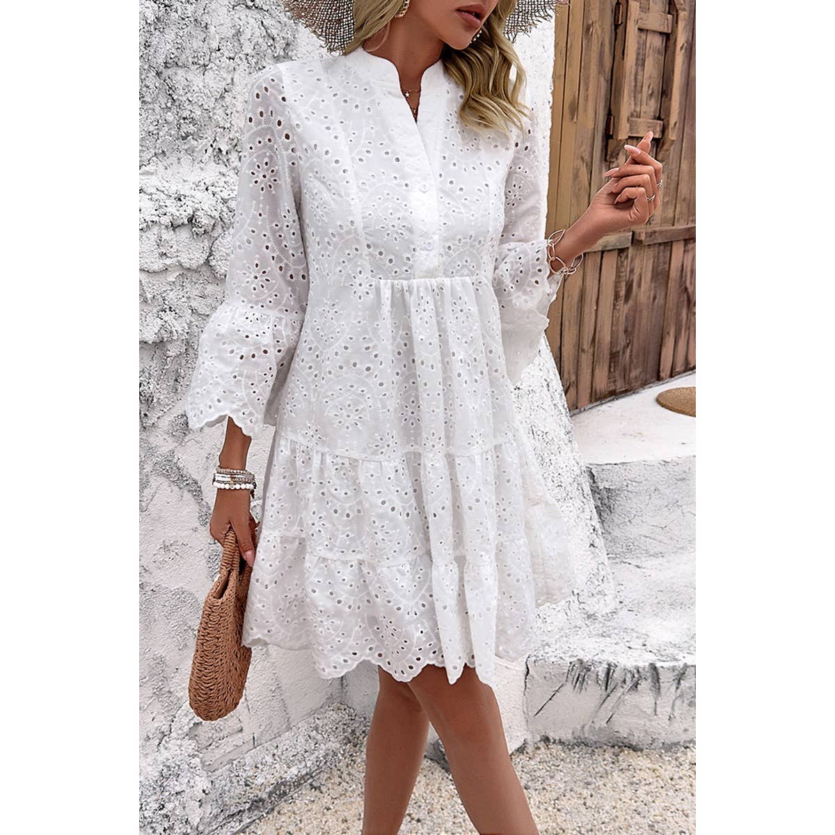 V Neck Button Flared Sleeves Hollow Out Lace Dress: WHITE / S