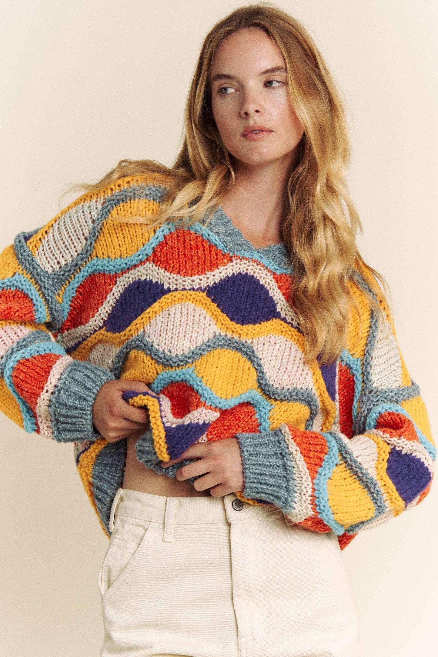 V NECK LONG SLEEVE MULTI COLOR SWEATER TOP: MULTI / L