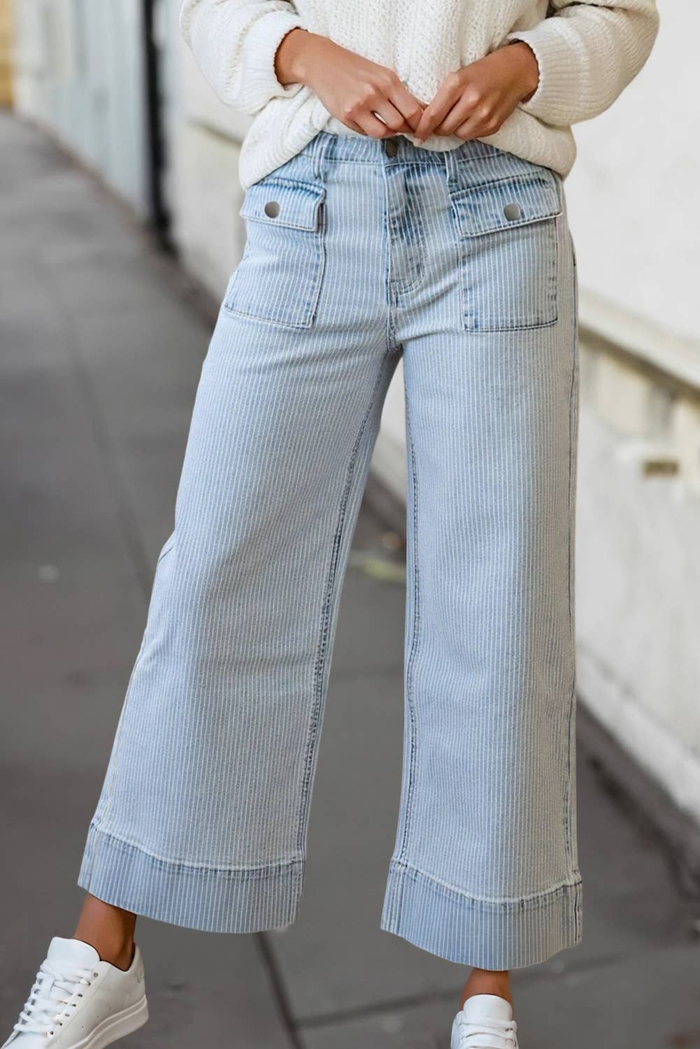Casual Flap Pocket Cuffed Hem Wide Leg Jeans | 4-16: Sky Blue Stripe / 12