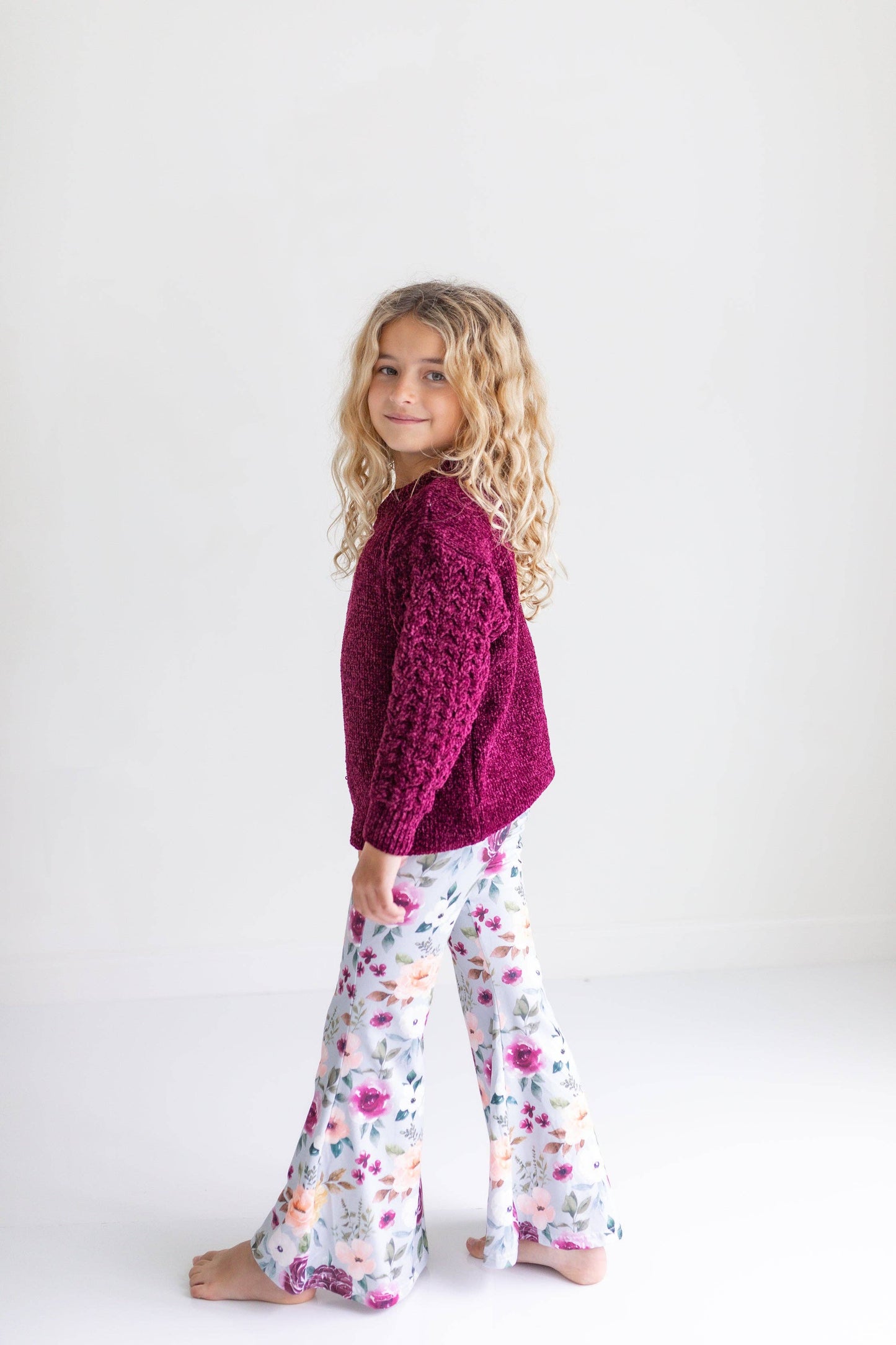 Kids Long Sleeve Plum Sweater & Sage Floral Bell Bottom Set: 7/8