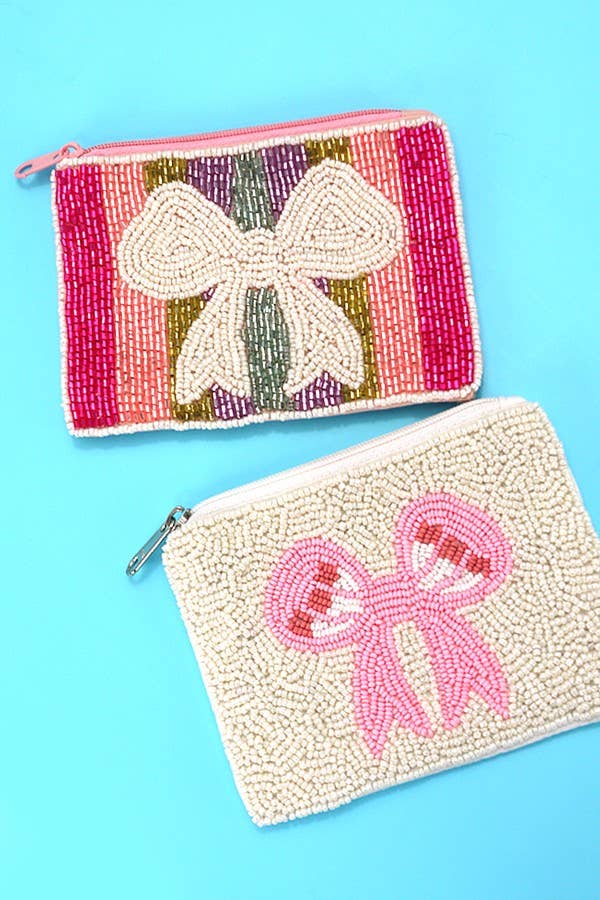 BOW RIBBON RAINBOW WHITE SEED BEAD HOLIDAY POUCH | 91P780: RAINBOW