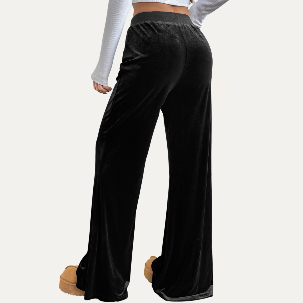 Comfortable Black Velvet High-Waisted Wide-Leg Pants : Black / XL
