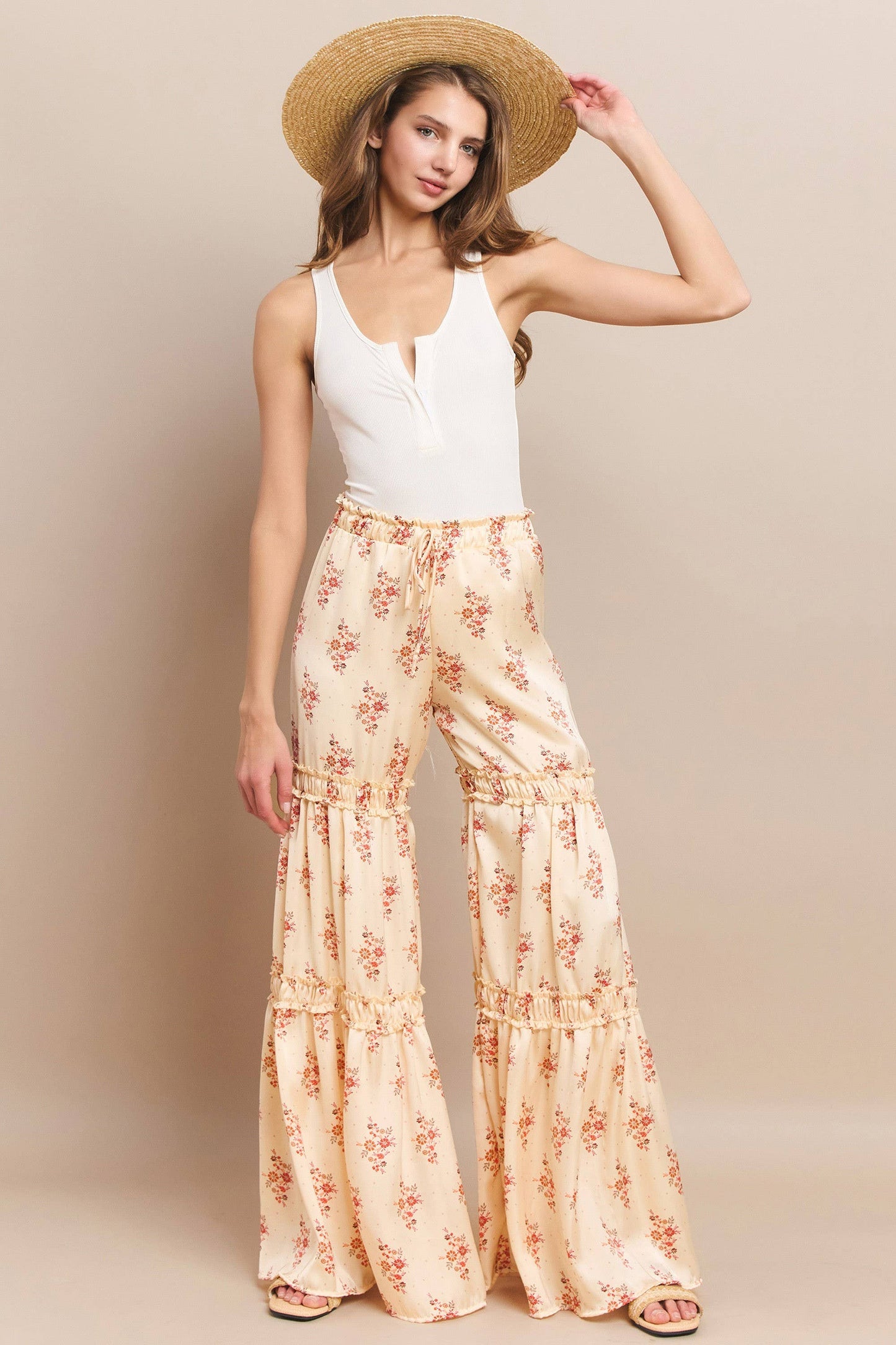 SATEEN FLORAL PRINT TIERED PALAZZO PANTS W2373PB BEIGE : Beige / L