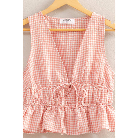 DZ25C142-V-Neck Bow Detail Sleeveless Gingham Top: PINK / S-M-L(2-2-2)